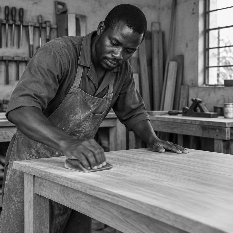 Custom iroko dining table, hand-finished.